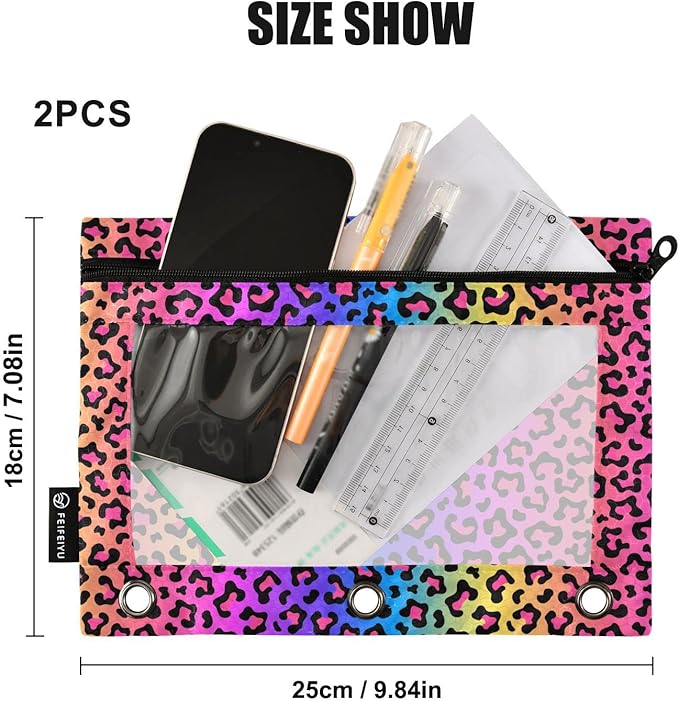 ALAZA Pencil Pouch for 3 Ring Binder, Rainbow Leopard Print Binder Pencil Pouches with Clear Window Zipper Pencil Case Cosmetic Bags for Office College Supplies, 2PCS