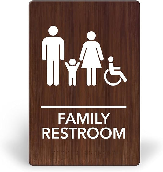 Promot Family Restroom Sign – ADA Braille Bathroom Sign for Business, Self-Adhesive, 9" x 6", Commercial Door Signage, Office Wall Decor - Walnut