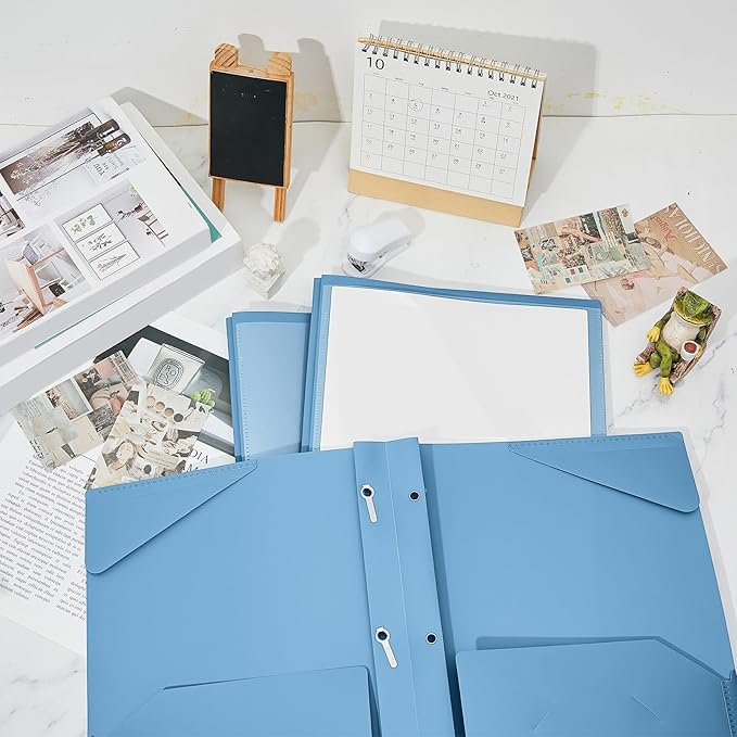 Henoyso 48 Pcs Plastic Folder with Clear Front Pocket and 3 Prongs Heavy Duty Plastic Folders with Card Slot Pocket Folders with Prongs for School Office Home(Blue Haze)