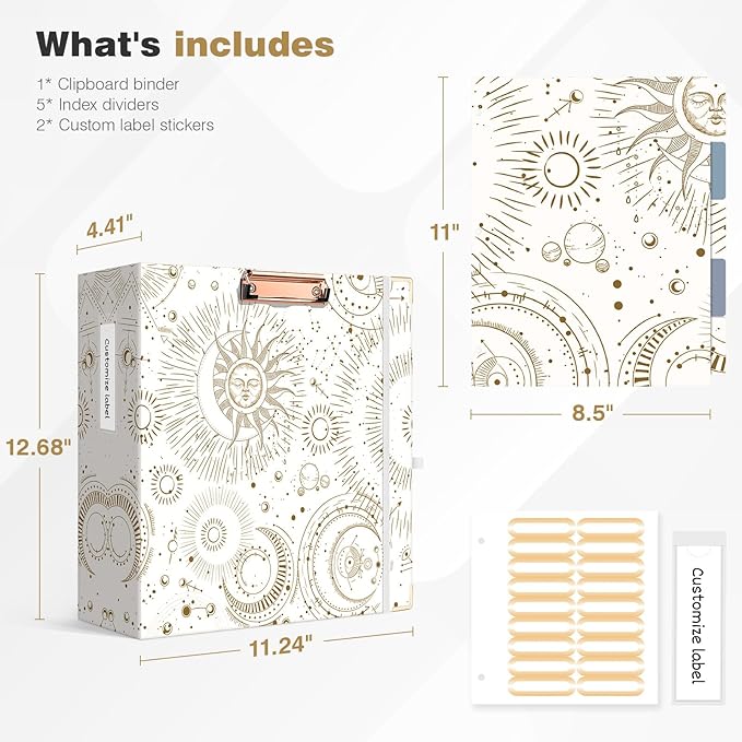 Ospelelf 3 Ring Binder 3 Inch, Cute Binder for Letter Size (11" x 8.5") with 5 Tab Dividers, File Folder Labels and Low Profile Clipboards, Tarot Cards Binder for School Supplies and Office Supplies