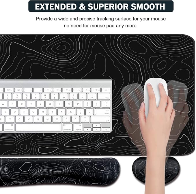 Topographic Large Mouse Pad and Keyboard Wrist Rest, Desk Pad for Keyboard and Mouse, 4-in-1 Large Gaming Mouse Pad with Wrist Support, Non-Slip Desk Mat for Home Office Study Game-Topographic Contour