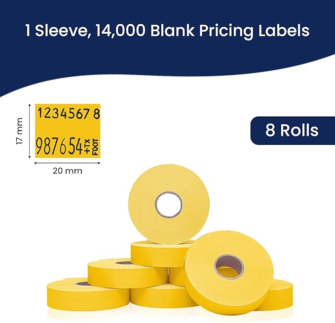 Perco Yellow Pricing Labels for Monarch 1136 Price Gun - 1 Sleeve, 8 Rolls, 14,000 Price Marking Labels - with Ink Roll Included