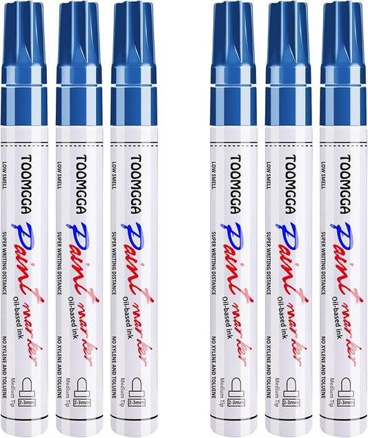 Permanent Paint Pens Blue Paint Markers 6 Pack Oil Based Markers, Quick Drying and Waterproof Marker Pen, Car Tire, Metal, Rock Painting, Wood, Plastic, Canvas, Craft Supplies for Adults