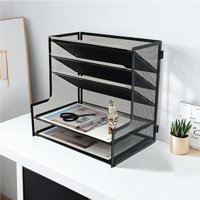SETTFRFE Office Supplies Desk Organizer,Metal Desktop File Holder Organizer with 5 Tier Paper Tray,Black
