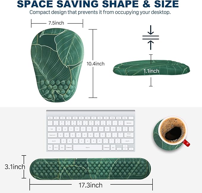 Ergonomic Mouse Pad and Keyboard Wrist Rest with Massage Design, Space-Saving Mouse Pad Wrist Support, Memory Foam Wrist Rest with Non-Slip PU Base for Computer Desk, Green Leaves