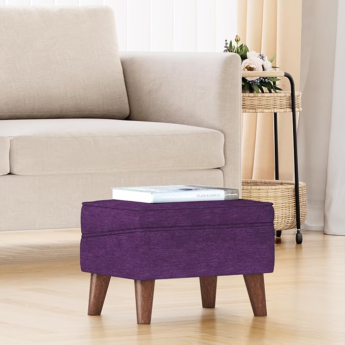 Storage Ottoman, Small Foot Stool Ottoman with Storage, Modern Foot Rest with Adjustable Lid and Sturdy Wood Legs for Living Room, Bedroom, Couch, Enterway(Purple)