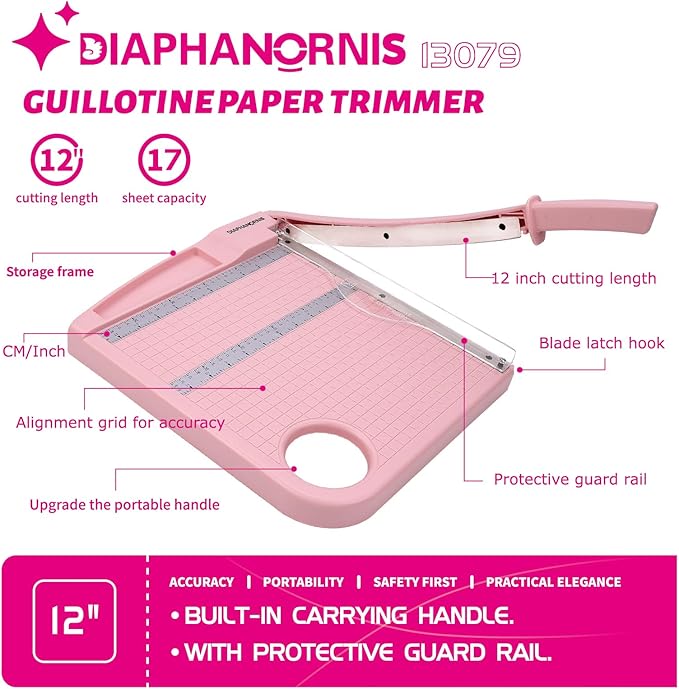 Paper Cutter Trimmer for Office&Crafts, Heavy Duty Guillotine Paper Trimmer with Portable Base Design/Safety Protection and Blade Lock, Paper Cutter 12 Sheets, Cardstock/Laminate (Pink)