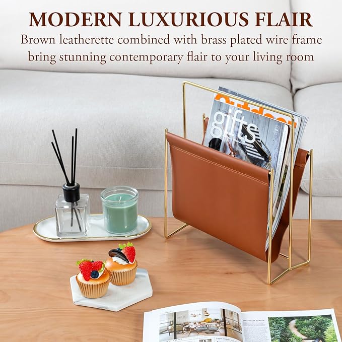 MyGift 13 inch Modern Caramel Leatherette Magazine Holder Floor Standing Sling Style Rack with Brass Tone Metal Frame