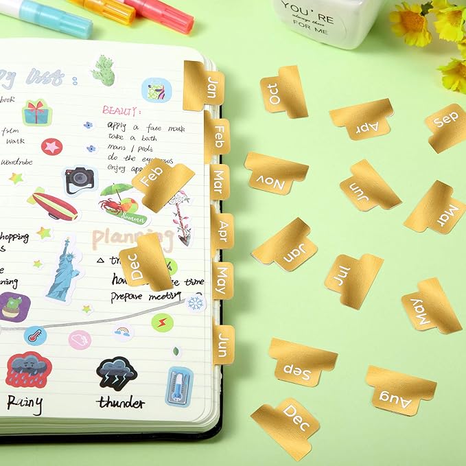 72 Pieces Adhesive Monthly Planner Tabs Monthly Index Stickers Decorative Label Calendar Stickers for Office Study Planner Journal Notebook Back to School Accessories(Gold)