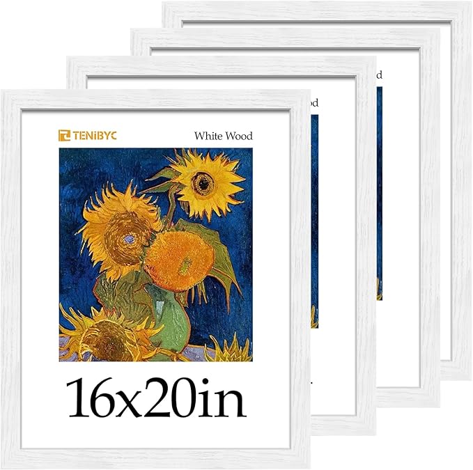 16x20 Frame 4 Pack - White, HD Tempered Glass, Wood Poster Frame, Display 16 x 20 Photos, Posters, and Puzzles, Gallery Wall Hanging