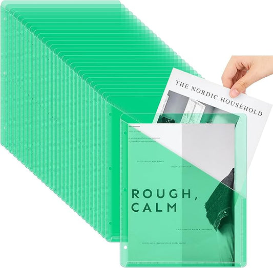 Seajan 100 Pcs Pocket Folders for 3 Ring Binder Clear Plastic Folders Sleeves with 2 Pockets 3 Hole Punch Binder Dividers Poly Slash File Jackets for Office School Document Organizer (Green)