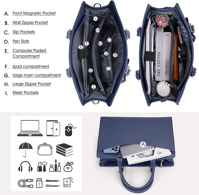 RAINSMORE Laptop Bag for Women 15.6 Inch PU Tote Bag Business Office Work Bag Waterproof Briefcase Computer Tote Lightweight Handbag Shoulder, Blue