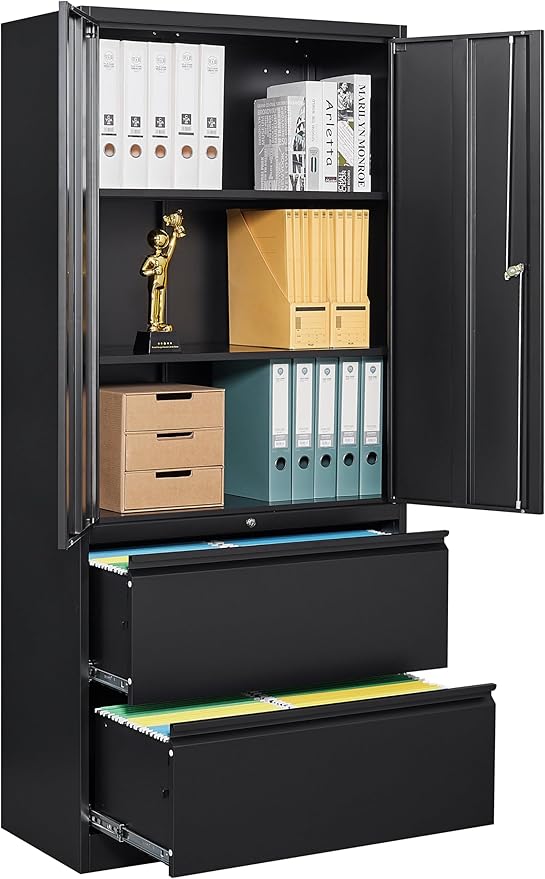 SISESOL 2 Drawer Lateral File Cabinet with Lock and Shelf,71" Black Filing Storage Cabinet with Doors,Locking Metal Storage Cabinets with Drawers for Home,Office,Garage,School,Fit A4/Letter/Legal File
