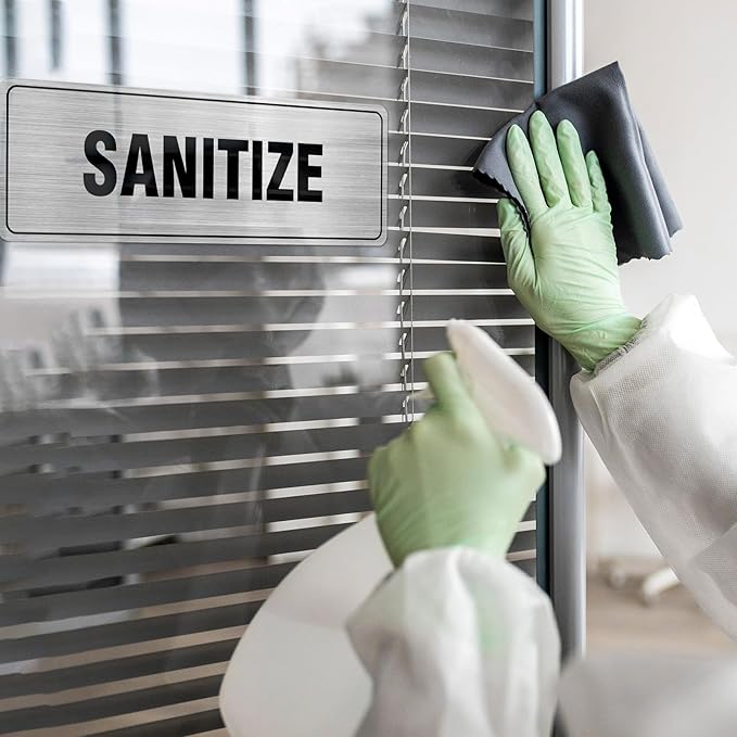 Wash Rinse Sanitize Sign Aluminum Silver 9 x 3 Inches Self-Adhesive Waterproof Metal Door Wall Sign for Business Offices 3 Pack