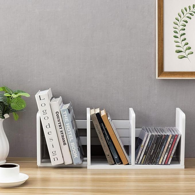 MyGift White Wood Desktop Bookshelf Organizer, Expandable Adjustable Display Shelf Book Rack