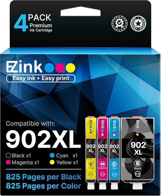 E-Z Ink Compatible 902 902XL Ink Cartridges for HP Printers Replacement for HP 902XL Ink Cartridges Combo Pack 4 Pack for Officejet Pro 6978 6968 6960 6970 Officejet 6951 6954 6956 6958 Printer