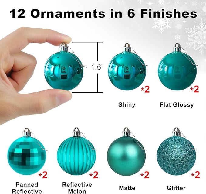 Teal 1.6" Small Christmas Balls Christmas Tree Decoration Ornaments Shatterproof Hanging Balls for Birthday Halloween Holiday Wedding Decorations Set of 12pcs