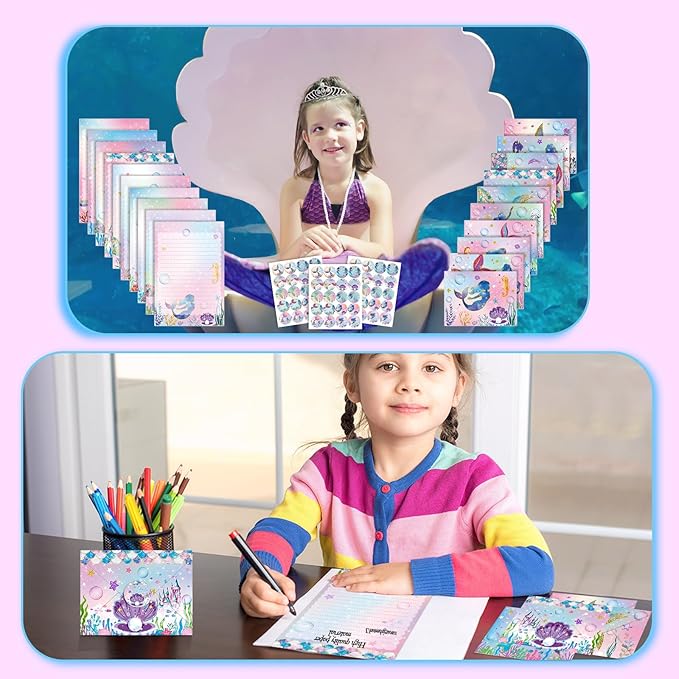 TaoBary 160 Pcs Stationery Paper Set 50 Double Sided Stationery Papers with 50 Matching Envelopes and 60 Round Dot Sticker, 10 Design(Mermaid,5.5 x 8.25 Inch)