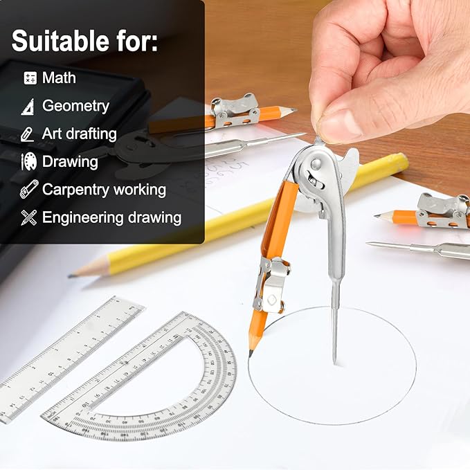 60 Pieces Geometry Math Set Compass for Geometry Math Compass and Protractor Set Include Metal Compass with Pencil Plastic Ruler and Protractor for Student School Office Woodworking Drawing Tools