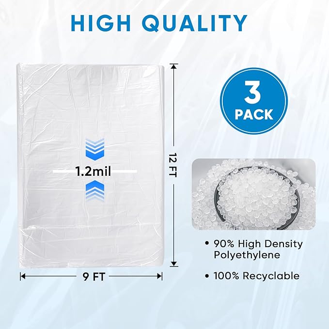 TICONN 12 x 9 Ft Plastic Drop Cloth for Painting, Waterproof Painters Plastic Sheeting, Painting Tarp for Furniture Cover, Floor Protection (3PK, 1.2Mil)