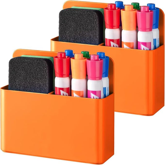 BEYGORM 2 Pack Plastic Magnetic Pen Holder for Refrigerator, Dry Erase Marker Holder for Whiteboard，Magnet School Locker Organizer Accessories, Pencil Cup, Pen Caddy, Classroom Organization(Orange)