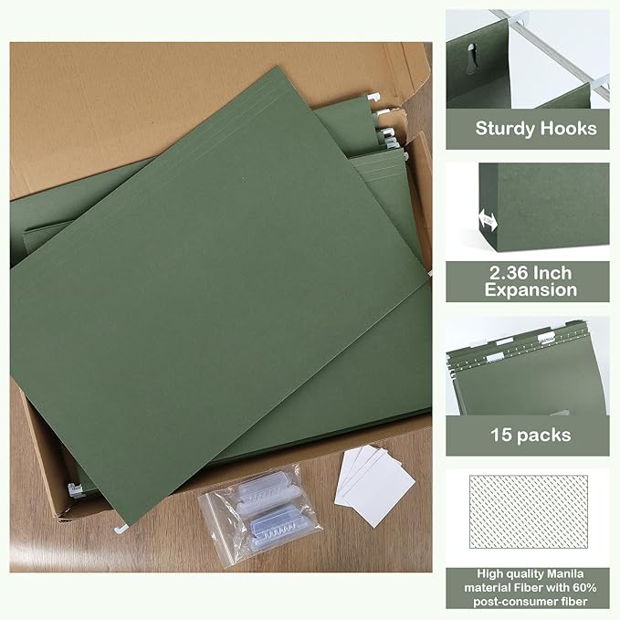 gisgfim 15 Pack Reinforced 11x17 Hanging File Folders 1/5 Cut Heavy Duty Hanging File Folders with Plastic Tabs & Label Cards Expanding Hangers File Organizer for Drawing Engineering Document (Green)
