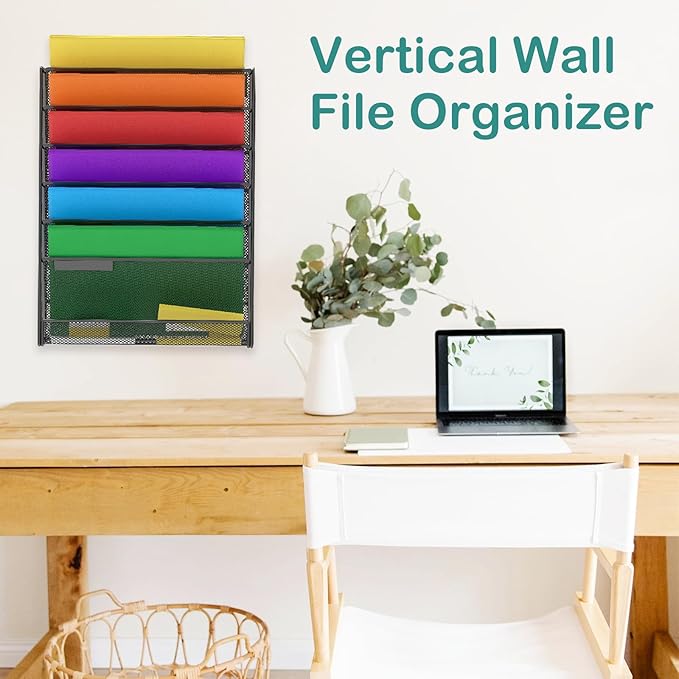 7-Tier Wall Hanging File Organizer Cubicle Hanging Organizer Mount File Holder, Mesh Magazine Document Mail Organizer Wall Organizer for Office School Home, Black
