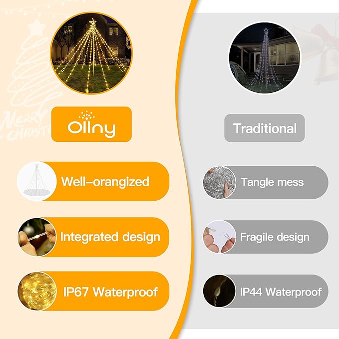 Ollny Christmas Lights Tree 340LED with Topper Star, IP67 Waterproof Remote Control Waterfall Lights with Pole, 16 Modes 3 Timers Dimmable Light Decorations for Outdoor Yard Garden Lawn(Warm White)