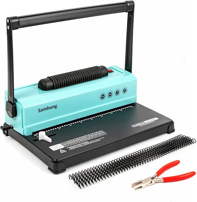 SAMHONG Coil Spiral Binding Machine - Manual Hole Punch - Electric Coil Inserter - Adjustable Side Margin - for Letter Size/A4/A5, Comes with 1 Box 5/16'' Plastic Coil Binding Spines & Plier