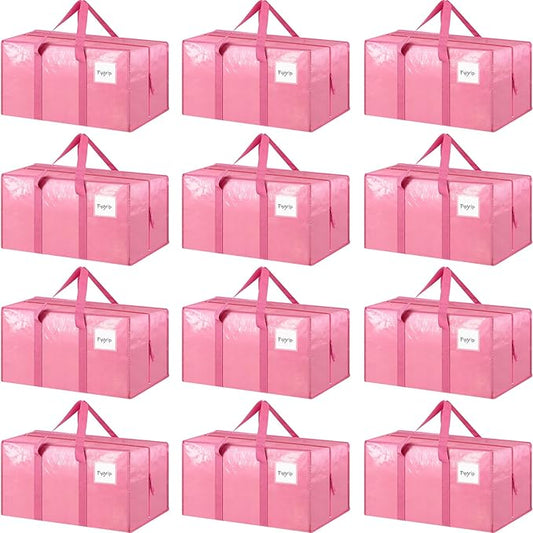 12 Pack Extra Heavy Duty Large Moving Bags with Strong Zipper & Comfortable Handles, Sturdy & Durable Clothes Storage Bags Totes Bins, Packing Moving Boxes for College Supplies, Pink