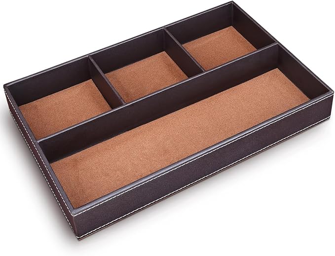KINGFOM Pu Leather Desk Organizer Tray, 4 Compartment Office Storage Supplies Stationery Drawer Tray, Nightstand Bedside Tray for Key, Wallet, Watch, Coin, Phone Valet Tray Stackable