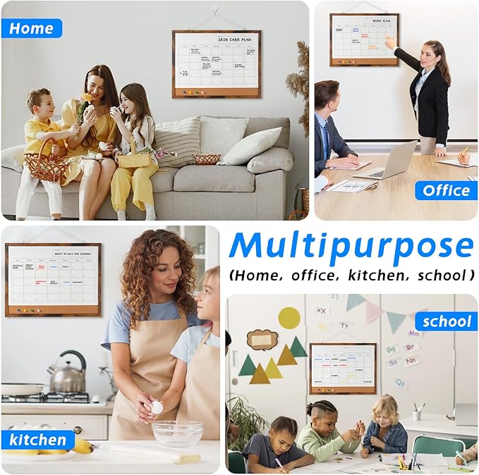 Dry Erase Calendar Whiteboard, 17" x 13" Magnetic Whiteboard Cork Board Combo, Reusable Monthly Planner with 8 Markers, Eraser, Magnets and Pushpins, Hanging Dry Erase Board for Home, School - Brown