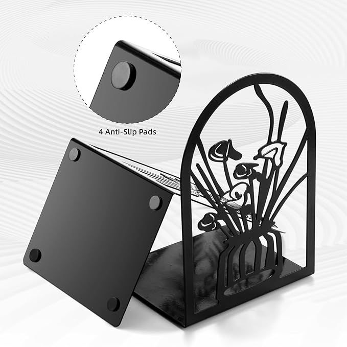 3 Pairs Metal Book Ends, Flower Bookends for Shelves Decorative, Book Stopper for Heavy Books, Ends to Hold Books for Home Office