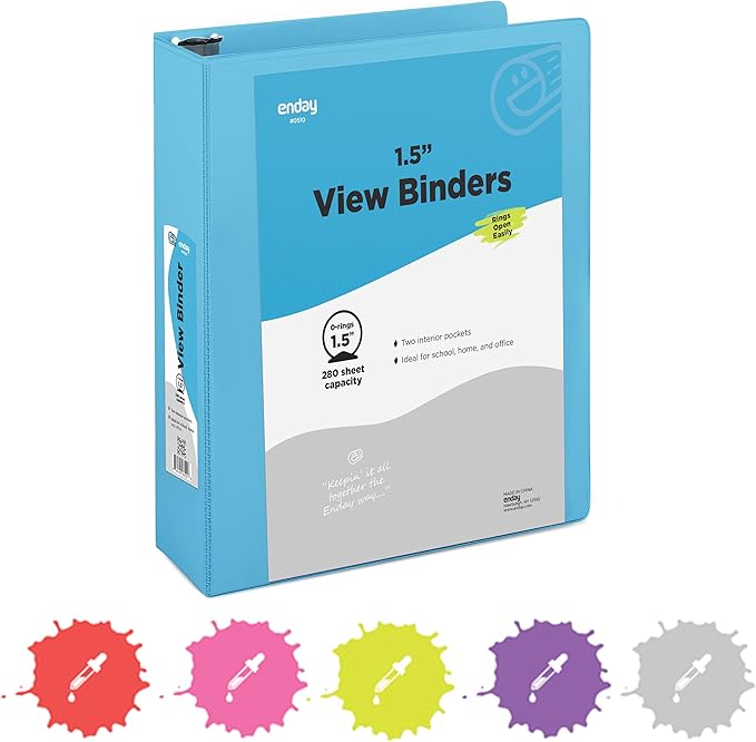 3 Ring Binder 1.5 Inch Blue, 1 ½ inch Binder Clear View Cover with 2 Inside Pockets, Colored School Supplies Office and Home – by Enday