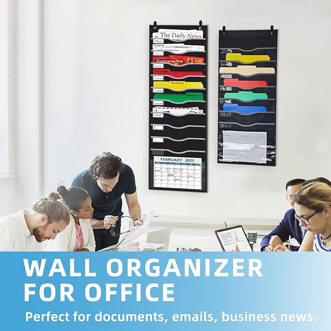 11 Pockets Hanging Wall File Organizer 15" Extra Wide Pocket Chart for Classroom, Office, Home, Mail Organizer Wall Mounted with 1 Writable Clear Pocket, 5 Wall/Door Hooks & 12 Labels (Black)