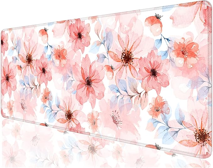Desk Mat, 32" x 12" XXL Extended Large Gaming Mouse Pad, Desktop Decor Desk Pad, Cute Men Women Office Supplies and Accessories, XL Mouse Mat for Laptop & Keyboard, Pink Flower