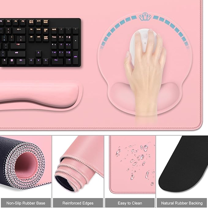 Dapesuom Large Gaming Mouse Pad, Pink Mouse Pads with Wrist Rest Wrist Support, 4in1 Big XXL Desk Mat Desk Pad + Ergonomic Mousepad + Memory Foam Keyboard Mat Wrist Rest + Coaster Set for Computer