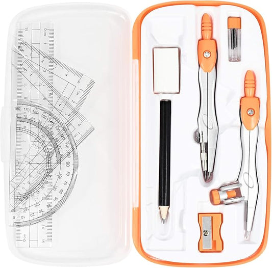 Math Geometry Kit Sets 10 Piece Student Supplies with Shatterproof Storage Box,Includes Rulers,Protractor,Compass,Eraser,Pencil Sharpener,Lead Refills,Pencil,for Drafting（Orange）
