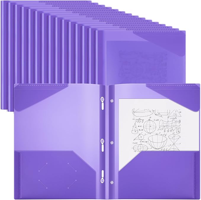 Yeaqee 50 Pack Clear 2 Pocket Folders with Prongs, Plastic Folders with Pockets and Prongs Fit Letter Size, File Folder for School Business Office Home(Purple)
