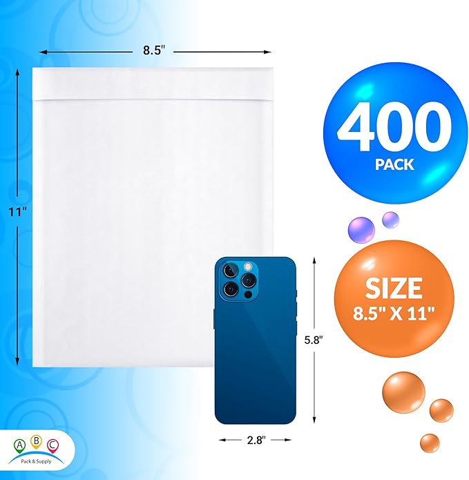 ABC PACK & SUPPLY White Kraft Bubble Mailer Envelopes, 8.5 x 11 Inches. 400 Pack Mail Padded Envelopes Self Seal. Kraft Bubble Mailers. Tear-Resistant Mailing Envelope Padded. Sturdy Paper Mailer
