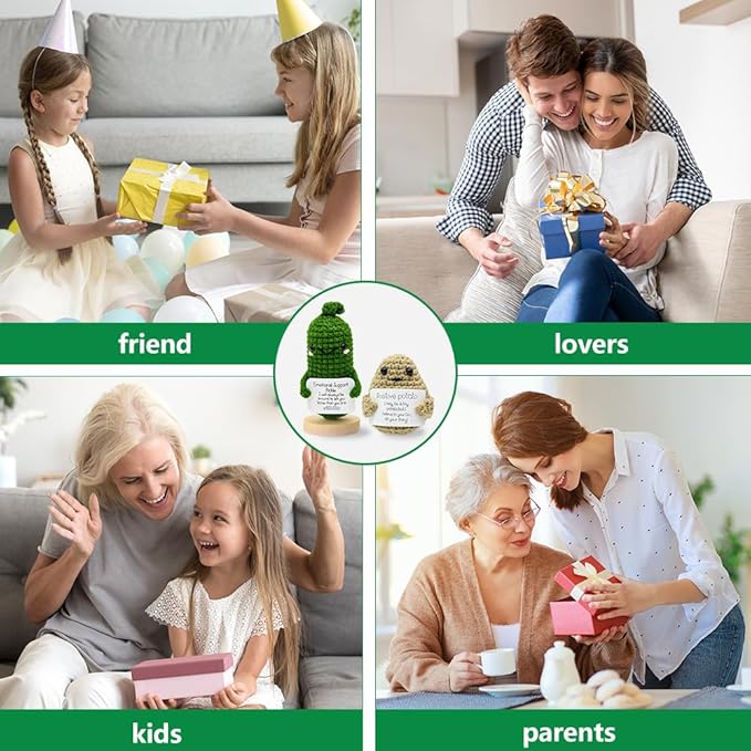 CrazyHome Positive Potato, Emotional Support Pickle Combo | Handmade Crochet Positive Vegetables 2PCS Set - Potato, Mini Cucumbers | Cheer-Up, Motivational, Funny Desk Décor