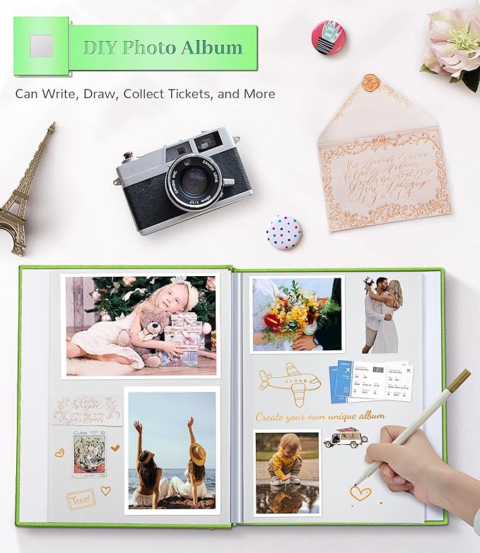 Photo Album Self Adhesive Scrapbook Album for 3x5 4x6 5x7 8x10 Pictures,40 Pages Linen Cover with Display Window DIY Photo Book,Ideal Gifts for Family Travel Wedding Baby