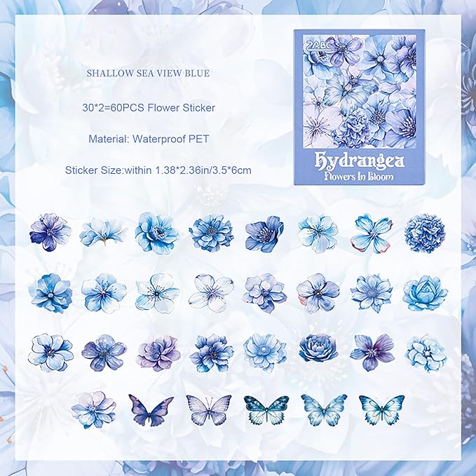 Doraking 60 Pieces Glitter Shiny Flower Stickers for Journaling, Waterproof Decorative Decal for Scrapbooking Supplies Journal Planners Art Crafts Photo Album Decor (Blue)