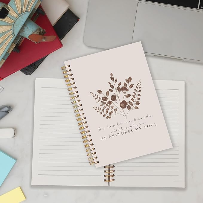 Qabliqo Vintage Plant Christian Spiral Notebooks, He Restores My Soul Bible Journals for Writing, Religious Payer Journal for Women Men, Scripture Notebook for Note Taking, 5.5x8.3 Inch