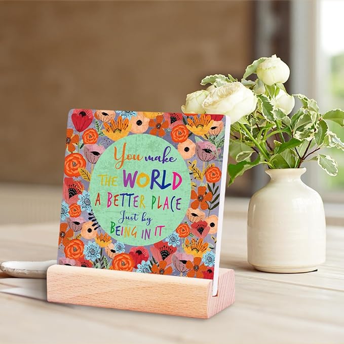 Inspirational Gifts for Teen Girls Women Birthday Christmas-Encouragement Gift Cheer Up Gifts for Friends-Motivational Sign Ceramic Plaque Desk Decor-You Make the World Sign
