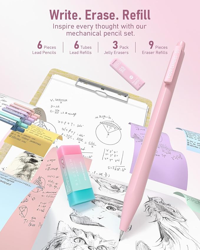 Four Candies 39 PCS Aesthetic School Supplies with Cute Pen Case, 12 Pastel Highlighters, 5 Black Ink Gel Pens, 6 Mechanical Pencils Set for Students Stationary College Essentials (Pink)