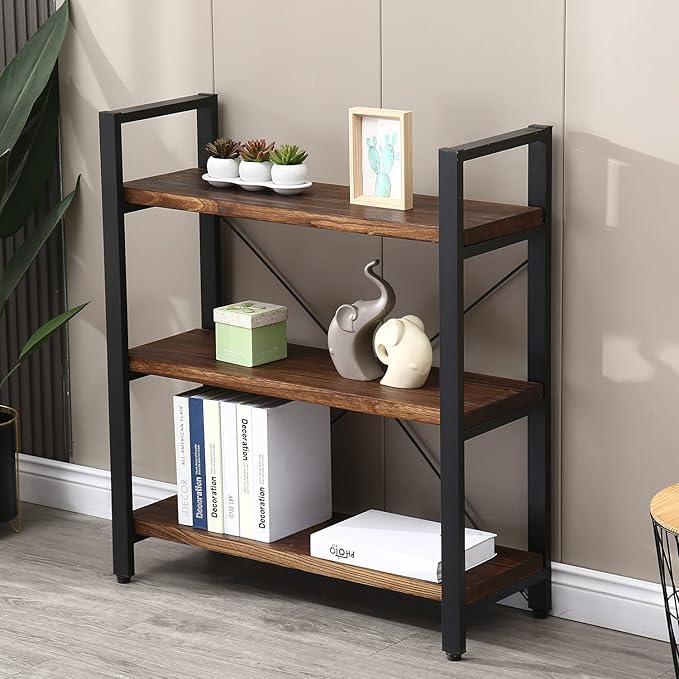 Natural Real Solid Wood Bookcase,3 Tier Metal and Wood Open Book Shelf Storage Farmhouse Wide Etagere Bookcase for Office Living Bedroom