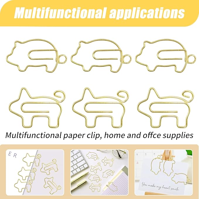 80 Pcs Gold Animal Pig Creative Metal Paper Clips - Fun Pig School Supplies for Pig Lovers(Gold Pig)