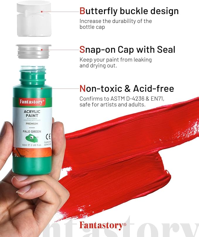 Fantastory Acrylic Paint Set, 24 x 60 ml with 12 Brushes; Christmas Acrylic Paint, Waterproof; For Artwork & DIY Projects on Canvas, Wood, Glass, Clay, Fabric, Ceramic, Paper, Canvas