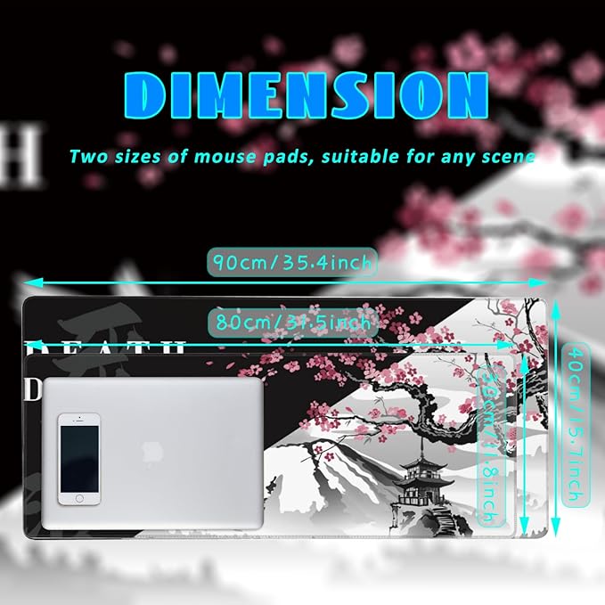 Desk Mat, Black and White Cherry Blossom Extended Gaming Mouse Pad Large, 31.5"x11.8" Big Mouse Pad with Non-Slip Base and Stitched Edge, Long Computer Keyboard Mouse Mat for Home Office Work